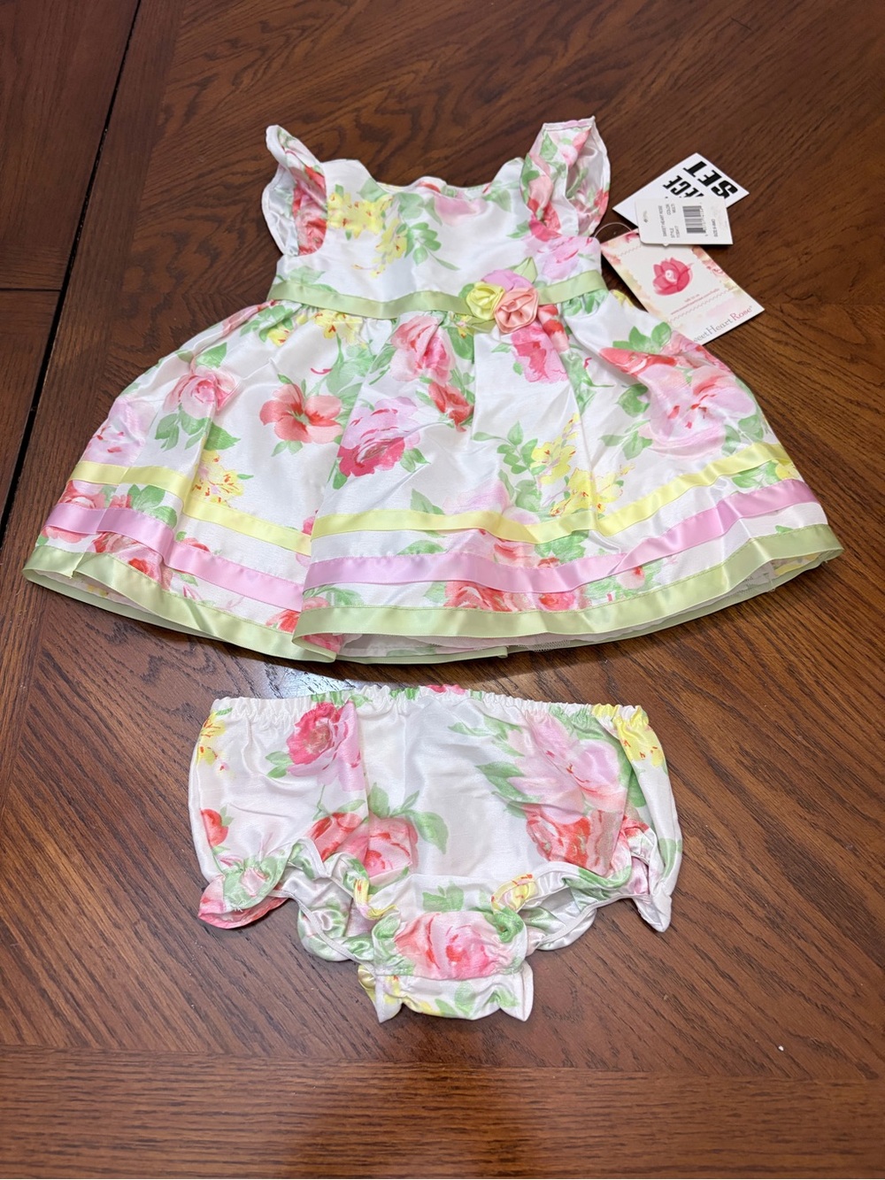 Sweet Heart Rose Floral Dress and Diaper Cover in Pink, Green & Yellow